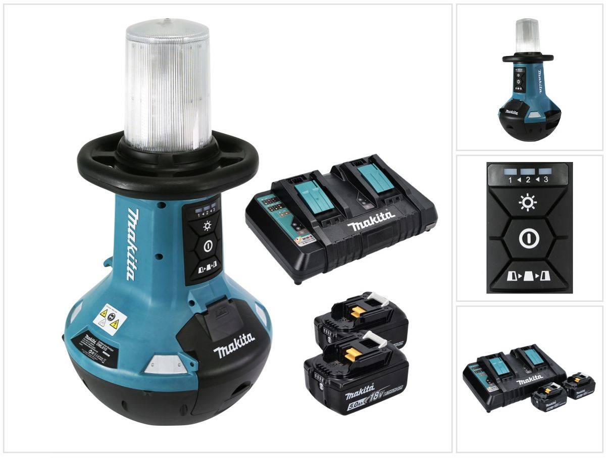 Makita DML 810 PT Akku LED Flächenlicht 18 / 36 V ( 2 x 18 V ) 5500 lm IP54 + 2x Akku 5,0 Ah + Doppelladegerät