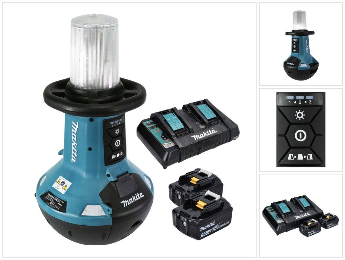 Makita DML 810 PG Akku LED Flächenlicht 18 / 36 V ( 2 x 18 V ) 5500 lm IP54 + 2x Akku 6,0 Ah + Doppelladegerät