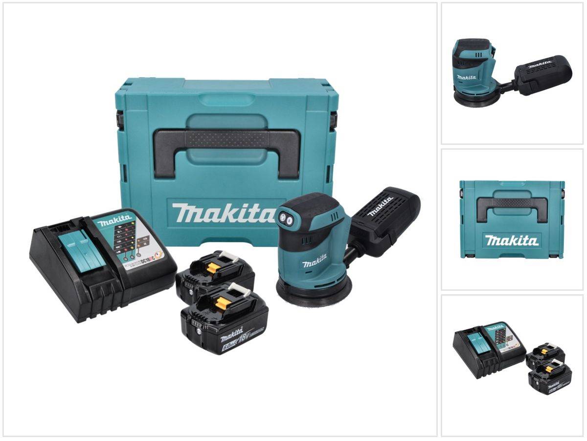 Makita DBO 180 RGJ Akku Exzenterschleifer 18 V 125 mm + 2x Akku 6,0 Ah + Ladegerät + Makpac