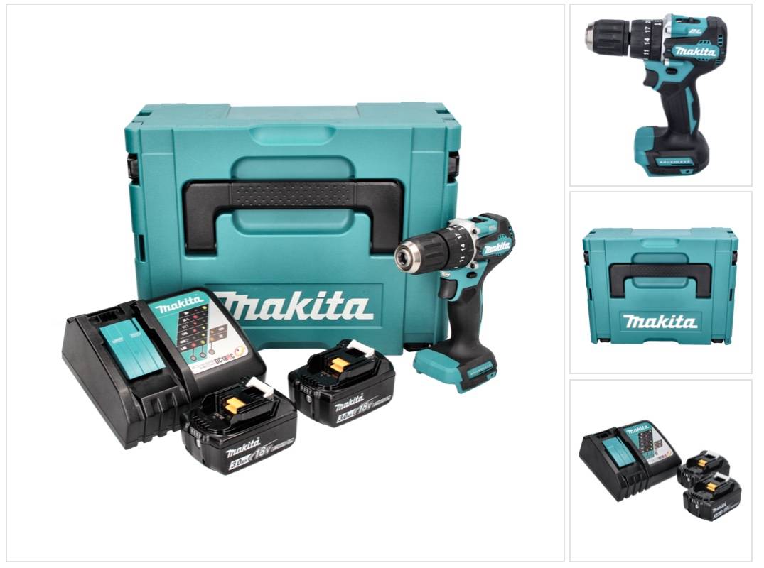 Makita DHP 487 RFJ Akku Schlagbohrschrauber 18 V 40 Nm Brushless + 2x Akku 3,0 Ah + Ladegerät + Makpac