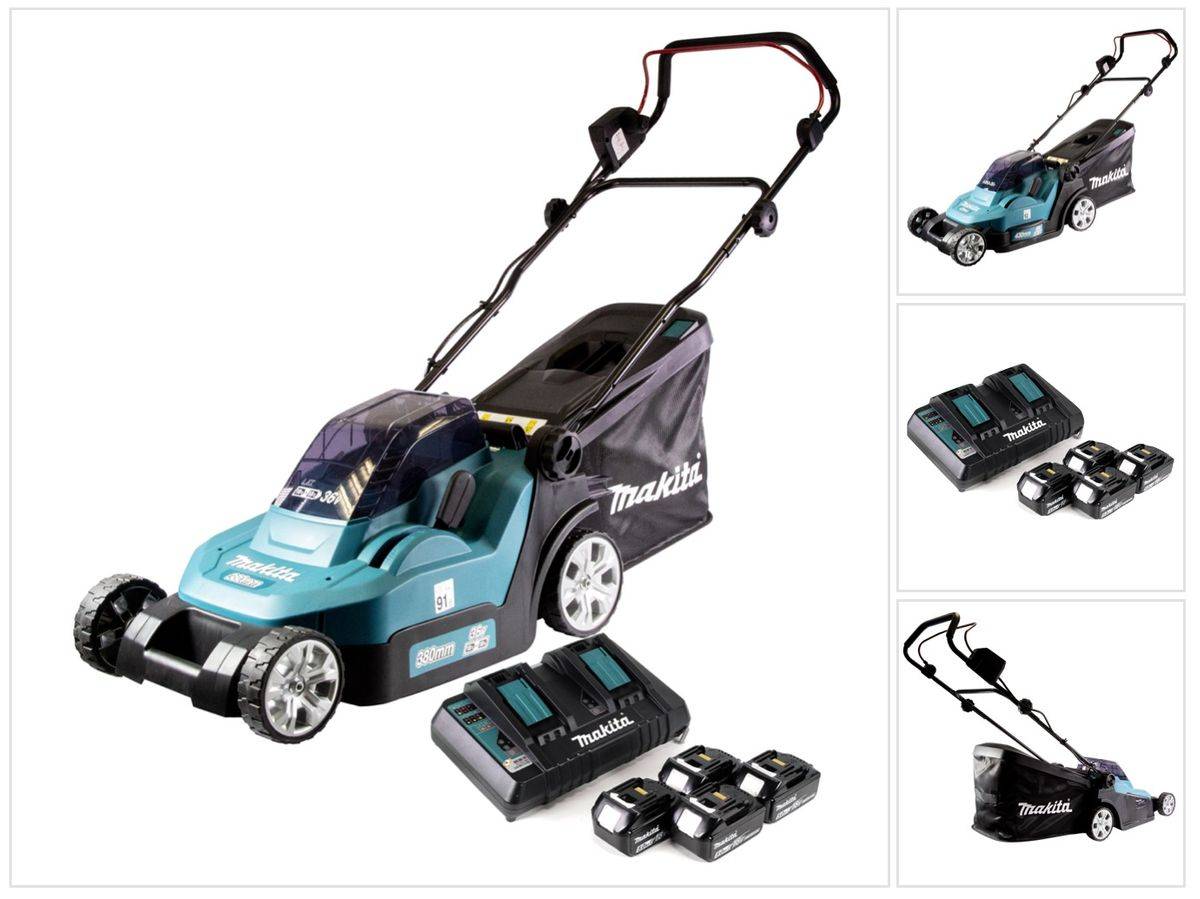 Makita DLM 432 PT4 Akku Rasenmäher 36 V ( 2x 18 V ) 43 cm Brushless + 4x Akku 5,0 Ah + Doppel Ladegerät