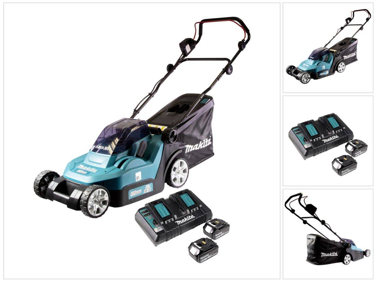 Makita DLM 432 PG2 Akku Rasenmäher 36 V ( 2x 18 V ) 43 cm Brushless + 2x Akku 6,0 Ah + Doppel Ladegerät