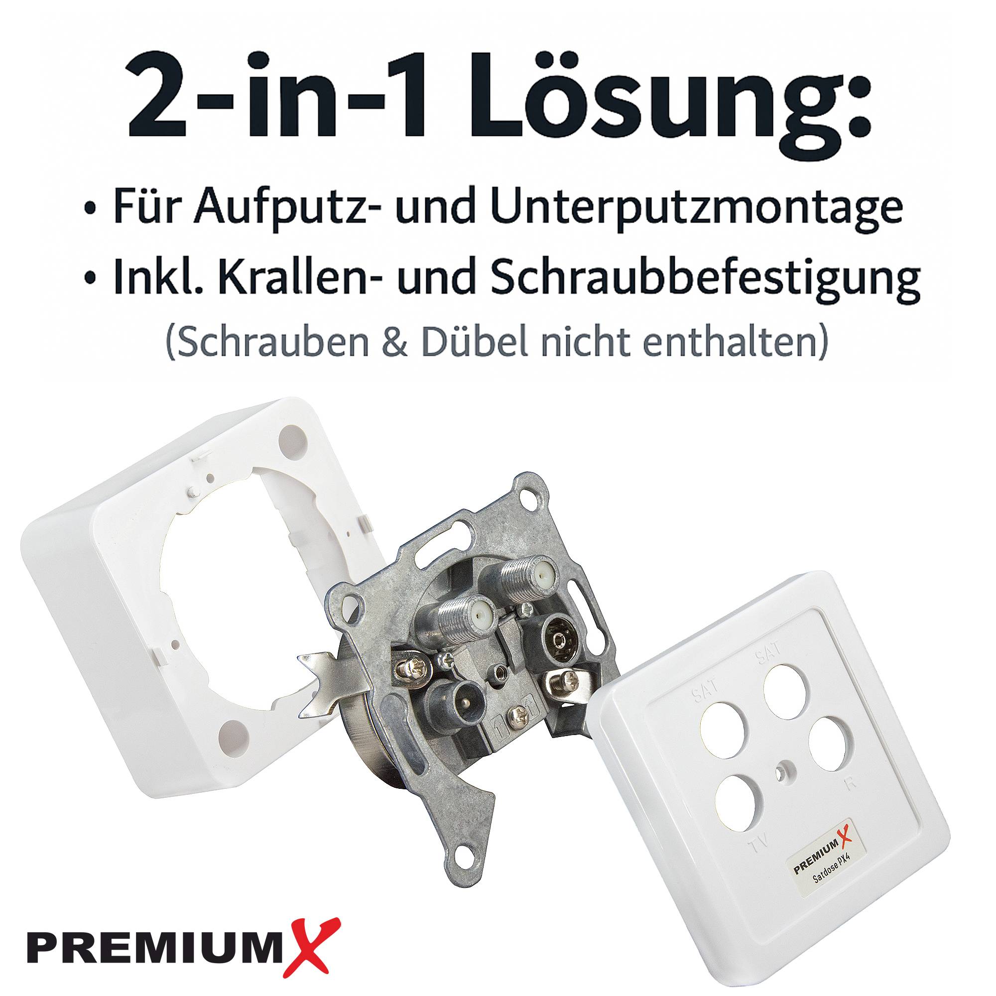 PremiumX PX4 Satdose 4-fach Enddose TWIN Antennendose CLASS A Sat Dose 2x Sat 1x Radio 1x TV Aufputz Unterputz