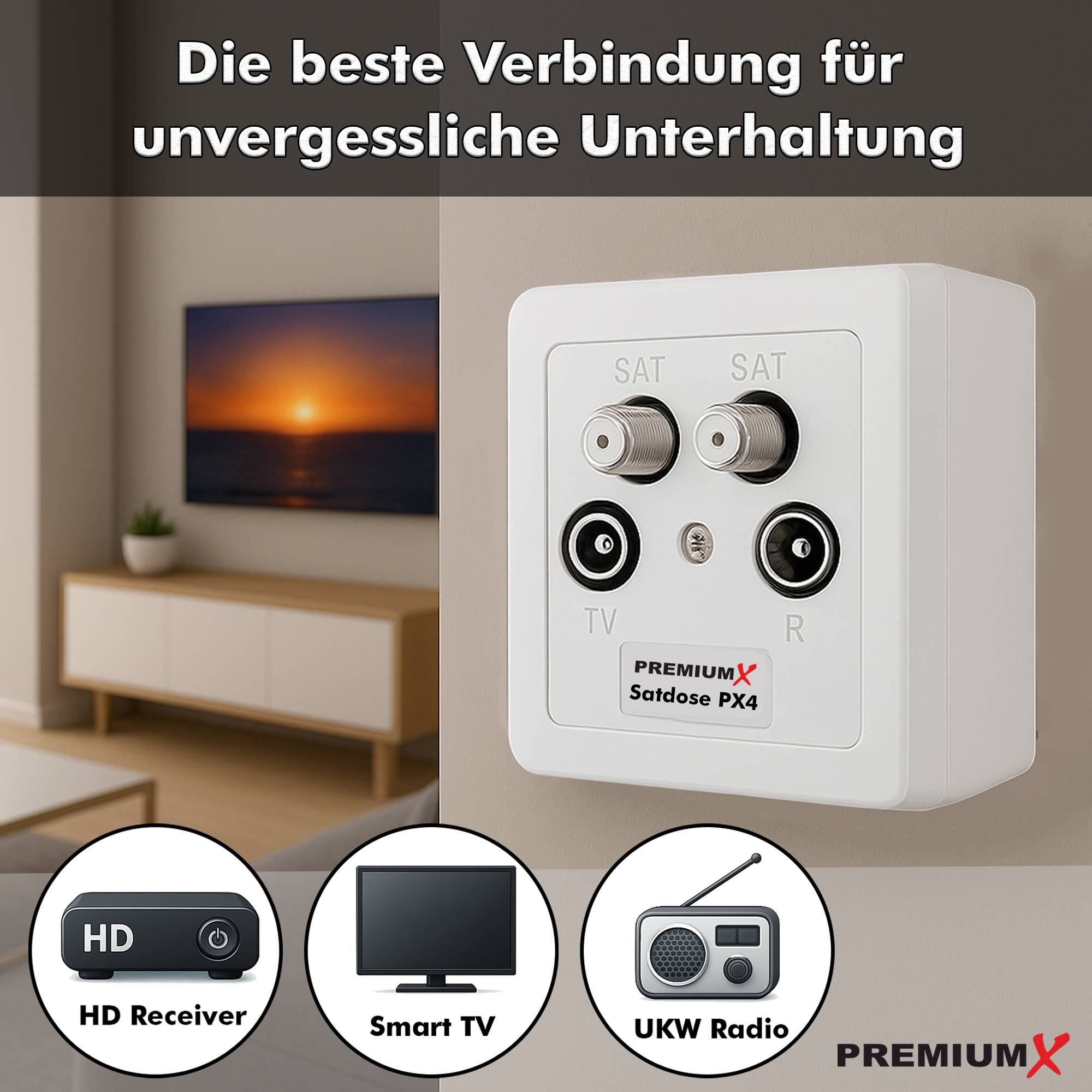 PremiumX 7x PX4 Satdose 4-fach Enddose TWIN Antennendose CLASS A Sat Dose 2x Sat 1x Radio 1x TV Aufputz Unterputz