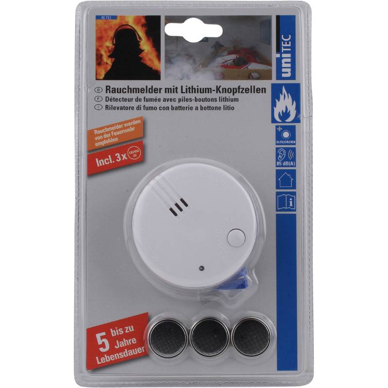 Rauchmelder mit Lithium-Knopfzellen, inklusive dreier Batterien, bietet eine Lebensdauer von 5 Jahren und verfügt über Brandschutz-Piktogramme.