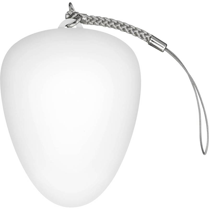 Ein glatter, weißer, eiförmiger Anhänger mit einem geflochtenen Riemen, der zum einfachen Tragen oder Befestigen konzipiert ist.