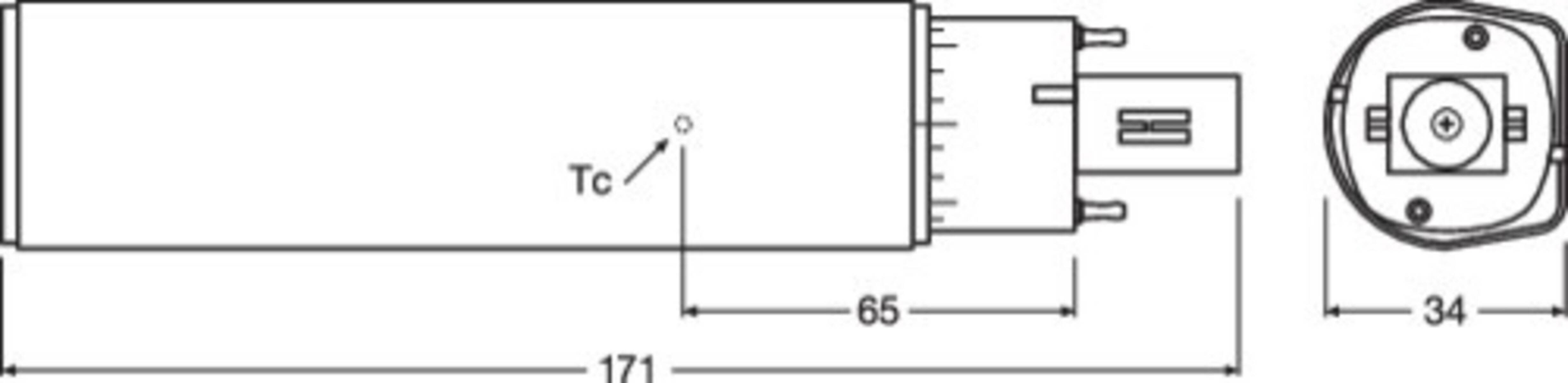 Technische Zeichnung eines zylindrischen Objekts, entlang der Länge mit '65' markiert und mit Maßangaben an einem Ende, wobei ein Referenzpunkt mit 'C' gekennzeichnet ist.