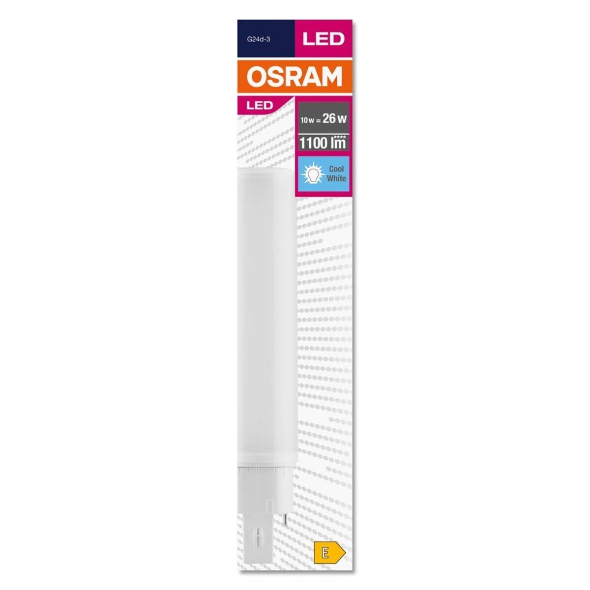 OSRAM LED-Lampe, 10W, Äquivalent zu 26W, 1100 Lumen, kaltweißes Licht. Verpackung zeigt Energielabel E.
