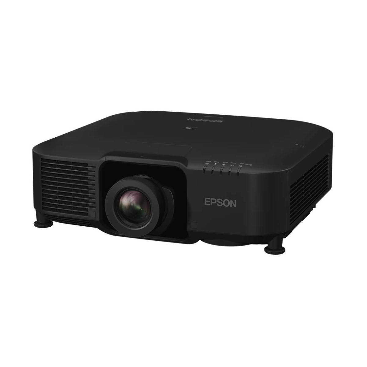 Ein schwarzer Epson-Projektor mit prominentem Objektiv wird gezeigt. Er hat ein rechteckiges Design, das sich für den Heim- oder Bürogebrauch eignet.