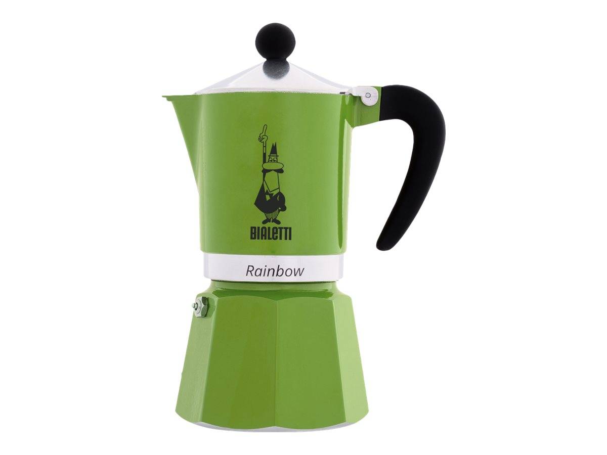 Grüne Bialetti Rainbow Stovetop-Espressomaschine mit schwarzem Griff und Knopf auf weißem Hintergrund.