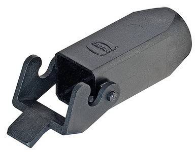 Ein schwarzer Kunststoff-Drahtverbinder mit einem Verriegelungsmechanismus. Er hat eine rechteckige Form mit einer Verriegelungslasche für eine sichere Befestigung an elektronischen Geräten.