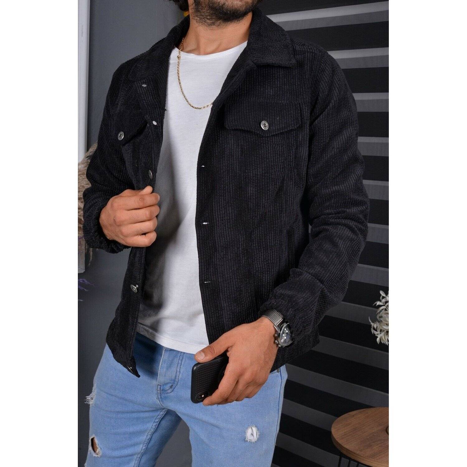 Megaman Jeans HJ-5549 Cordjacke Herren Jacke Übergangsjacke Cord Hemdjacke Übergangsjacke Schwarz M