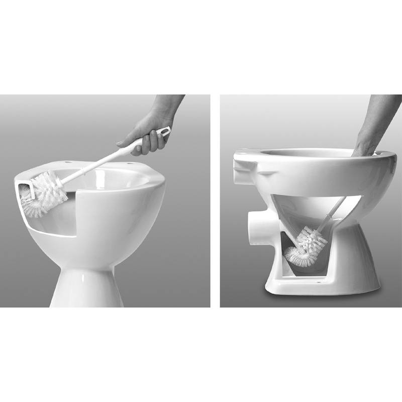 Hände, die eine Toilette mit einer Bürste in zwei Schritten reinigen: Schrubben des Toiletteninneren und unter dem Rand, wobei die richtige Technik demonstriert wird.