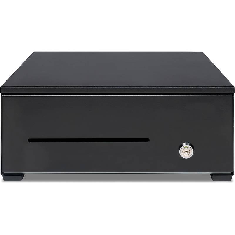 Eine schwarze rechteckige Geldschublade mit einem schmalen Frontschlitz und einem Schlüsselschloss, die üblicherweise in Einzelhandelsumgebungen für Bargelttransaktionen verwendet wird.