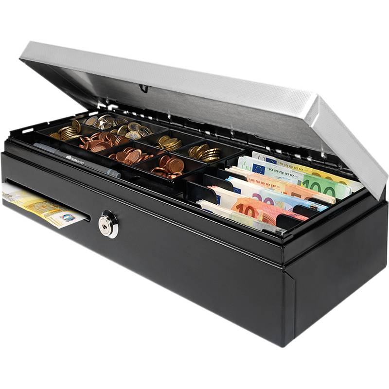 Eine offene schwarze Geldlade, die verschiedene Stückelungen von Eurobanknoten und verschiedene Münzen zeigt, die in Fächern organisiert sind.