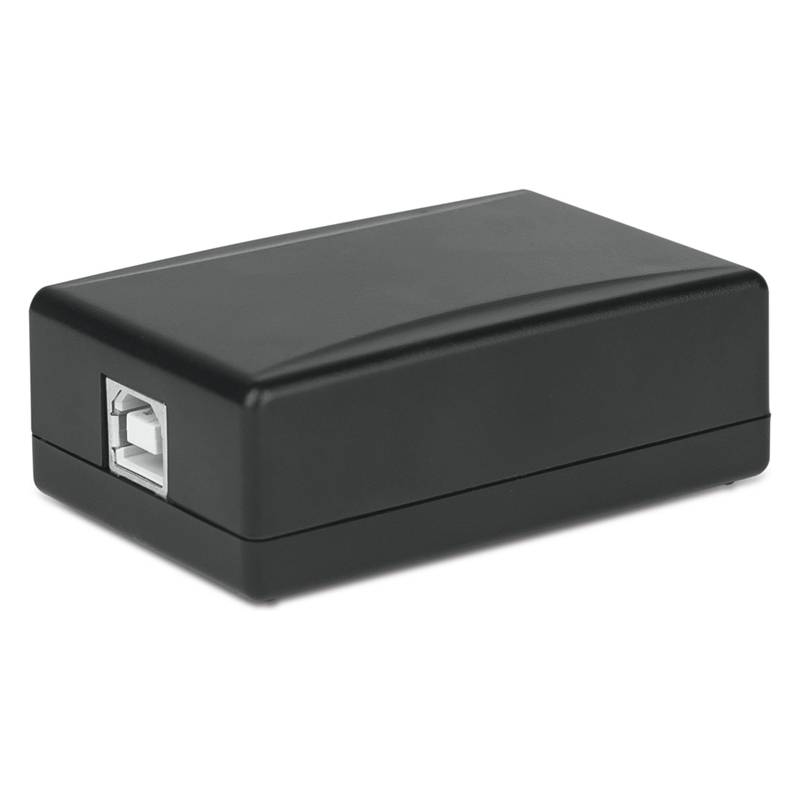 Eine kleine schwarze rechteckige elektronische Gerätegehäuse mit einem USB-Anschluss an einer Seite, verwendet zur Aufnahme von Leiterplatten oder elektronischen Komponenten.