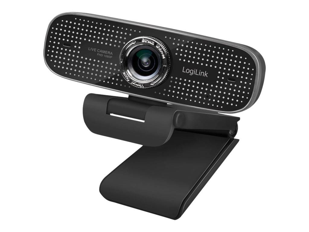 LogiLink USB-Webcam mit integriertem Mikrofon auf einem verstellbaren Clip-Ständer, vor weißem Hintergrund dargestellt.