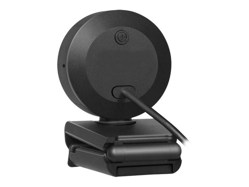 Schwarze Webcam mit angebrachtem Kabel, montiert auf einem Clipständer vor weißem Hintergrund.