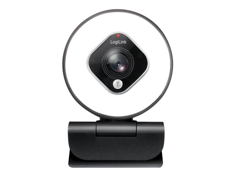 LogiLink-Webcam mit kreisförmigem Ringlicht auf einem Ständer, frontal auf weißem Hintergrund dargestellt.