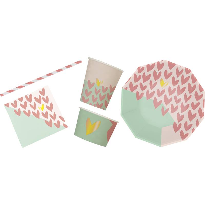 Party-Set mit Strohhalm, Serviette, Becher und Schüssel. Pastellfarben mit rosa und gelben Herzmustern. Perfekt für eine festliche Veranstaltung.