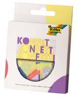 Packung mit farbenfrohem Konfetti mit transparentem Fenster und Regenbogen-Logo, gezeigt in Einzelhandelsverpackung