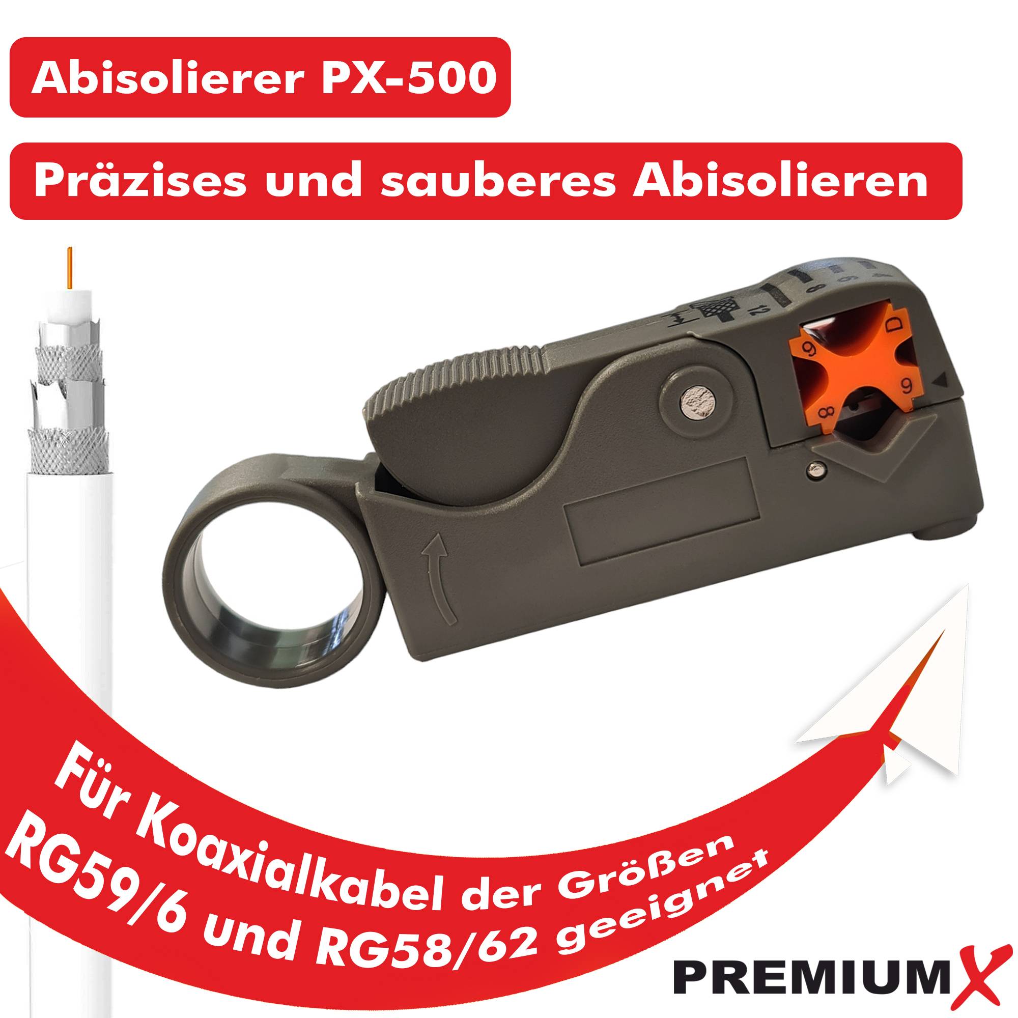 PremiumX Abisolierer PX-500 Universal Kabel Abisolier-Werkzeug Netzwerkkabel Koaxialkabel Kabelwerkzeug SAT Entmanteler