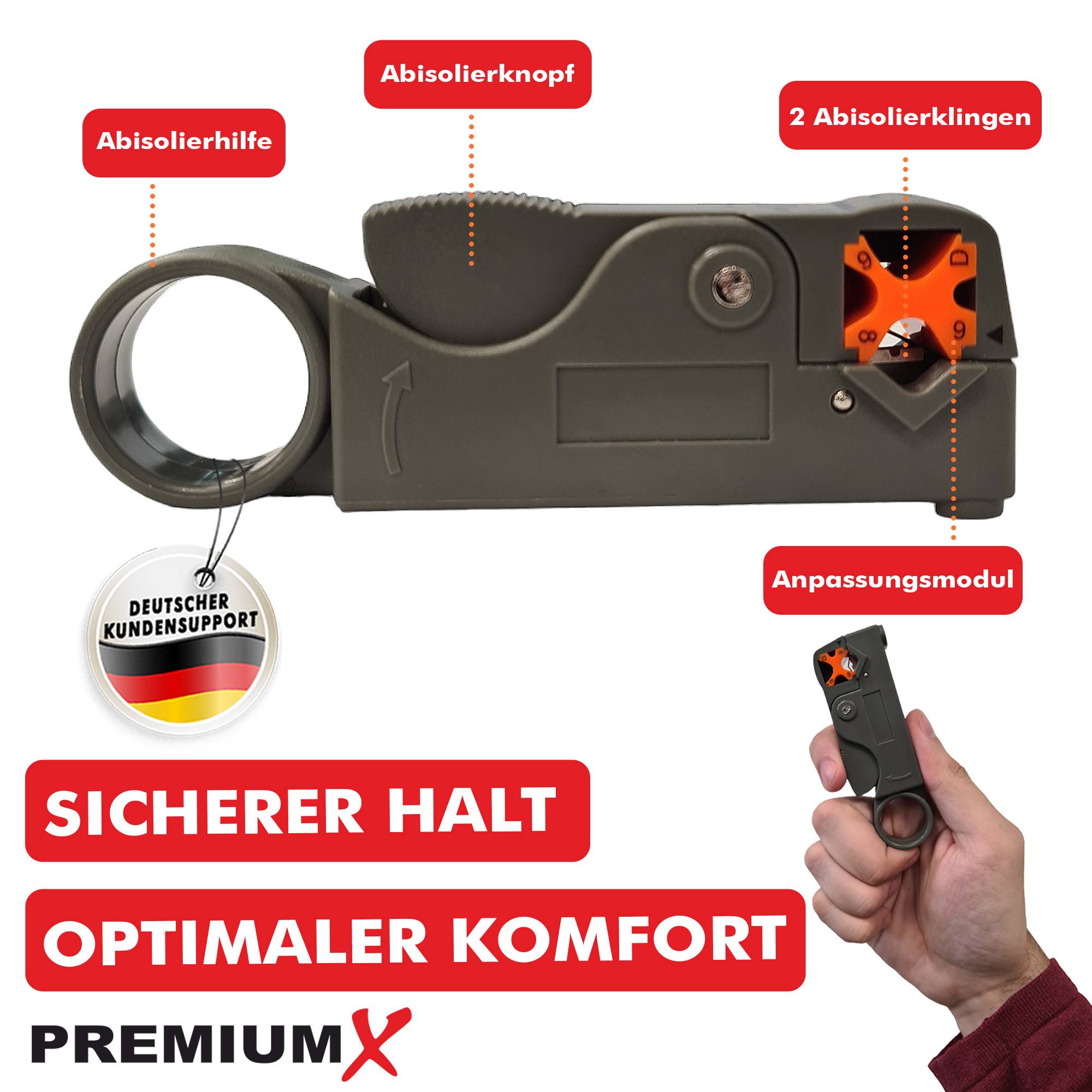 PremiumX Abisolierer PX-500 Universal Kabel Abisolier-Werkzeug Netzwerkkabel Koaxialkabel Kabelwerkzeug SAT Entmanteler