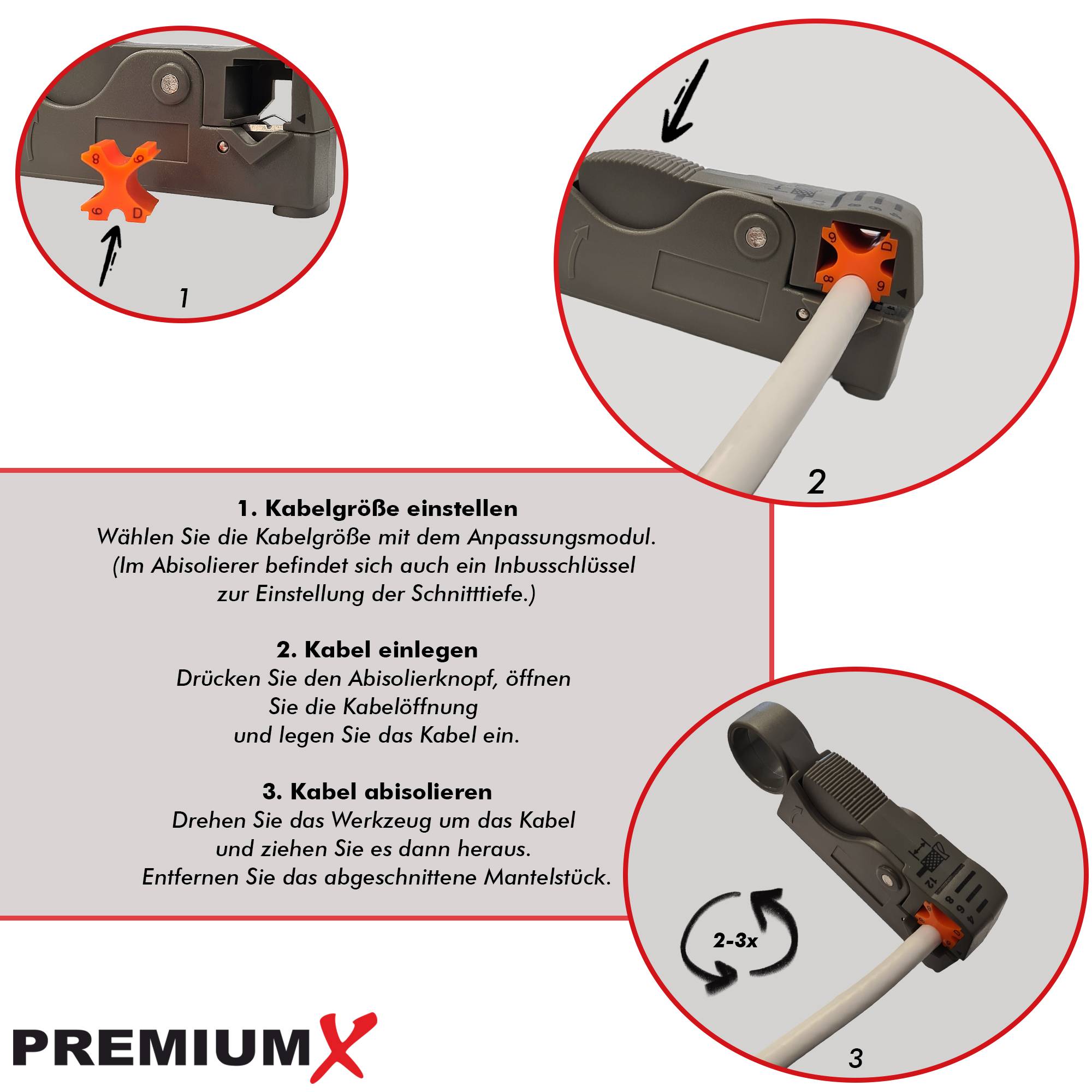 PremiumX Abisolierer PX-500 Universal Kabel Abisolier-Werkzeug Netzwerkkabel Koaxialkabel Kabelwerkzeug SAT Entmanteler