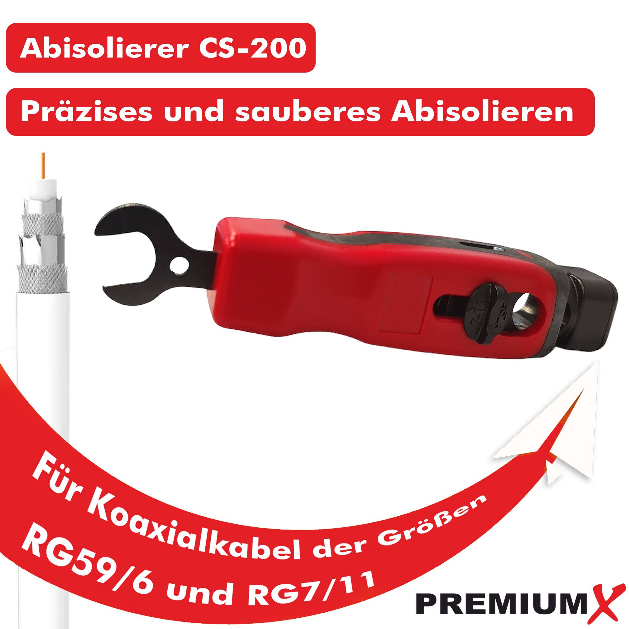 PremiumX XCon CS-200 Abisolierer für RG59/6, RG7/11 mit F-Stecker Schlüssel 20x PremiumX Kompressionsstecker XCon G6