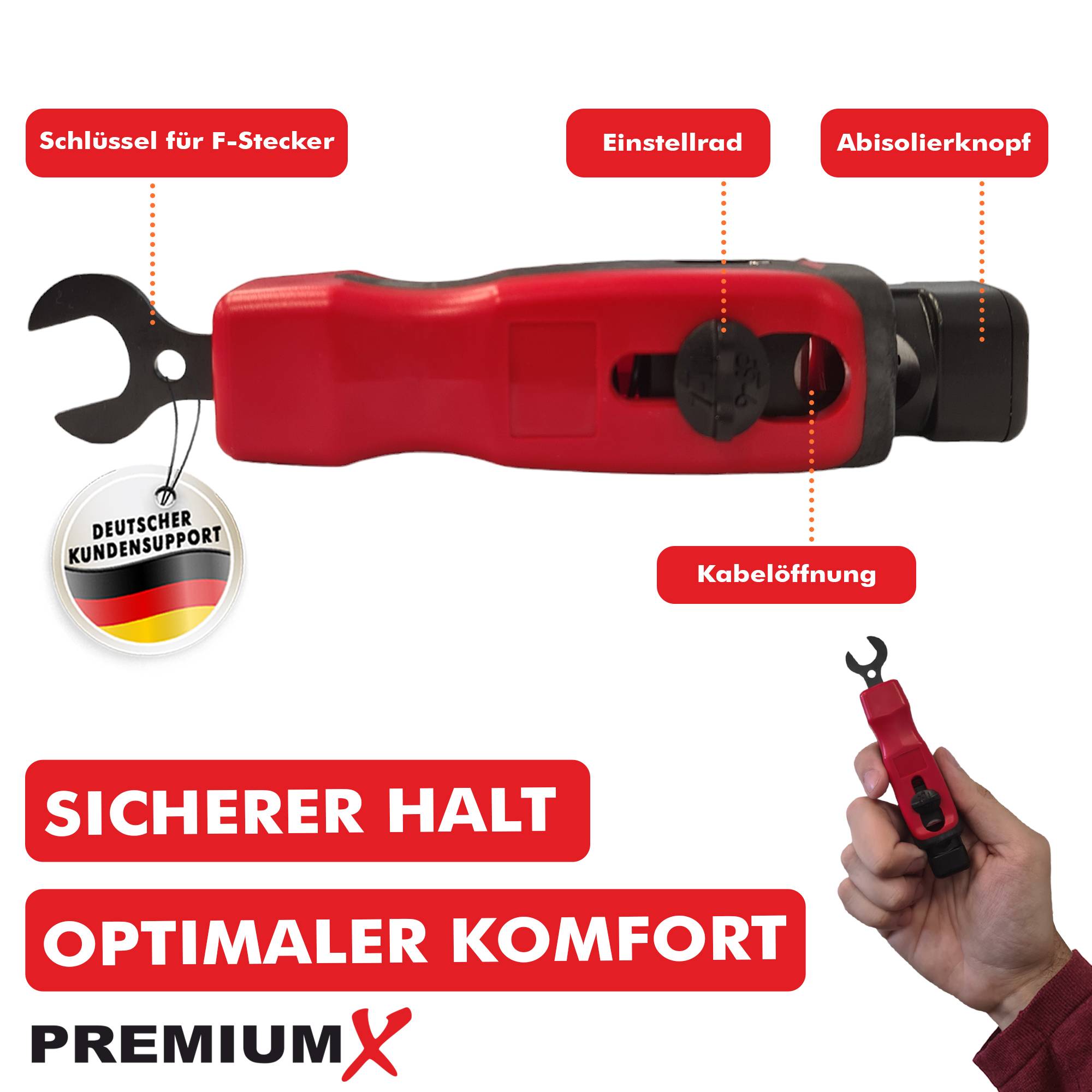 PremiumX XCon CS-200 Abisolierer für RG59/6, RG7/11 mit Schlüssel 20x Kompressionsstecker XCon S6 F-Kompressionsstecker
