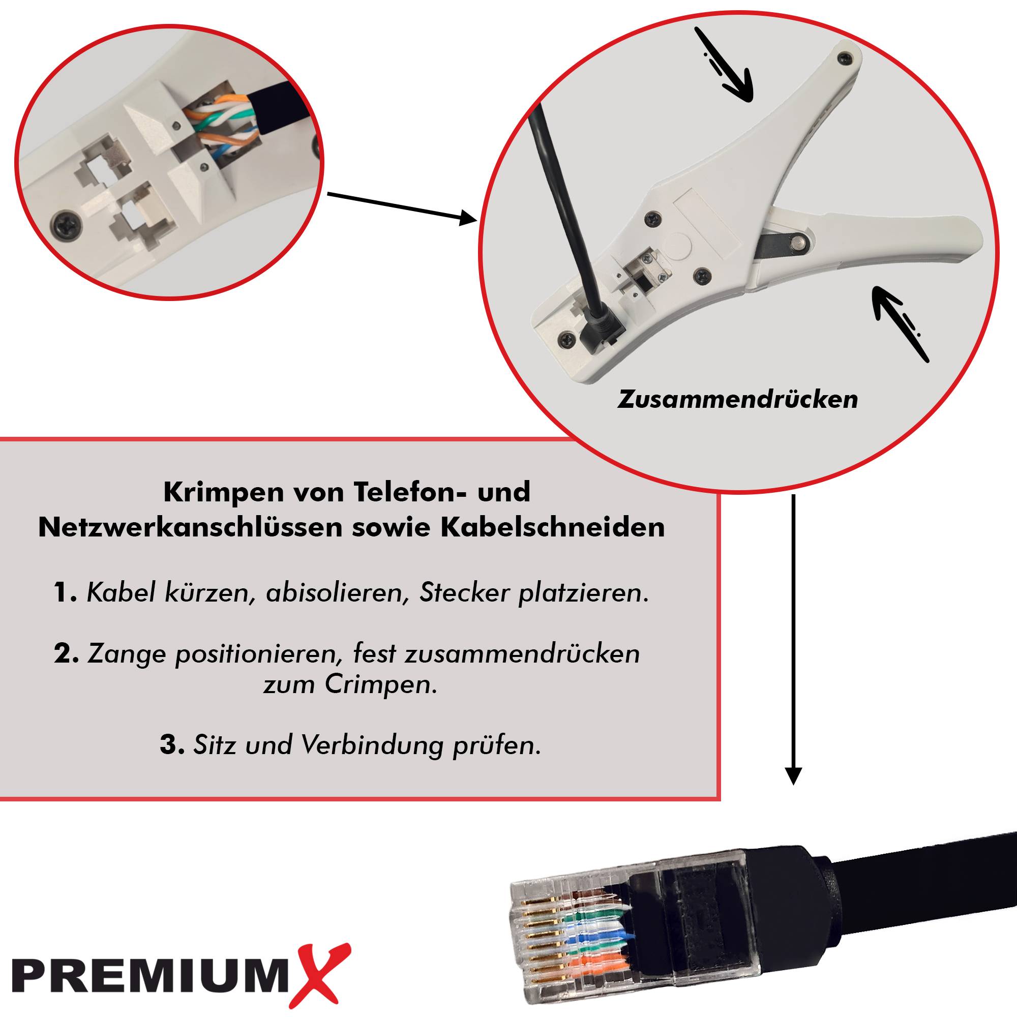 PremiumX Modular Crimpzange PX-376D für Netzwerkstecker RJ-45/8P8C RJ-11/6P4C LAN DSL Internet Zange Werkzeug Kabelschneider Kabelwerkzeug