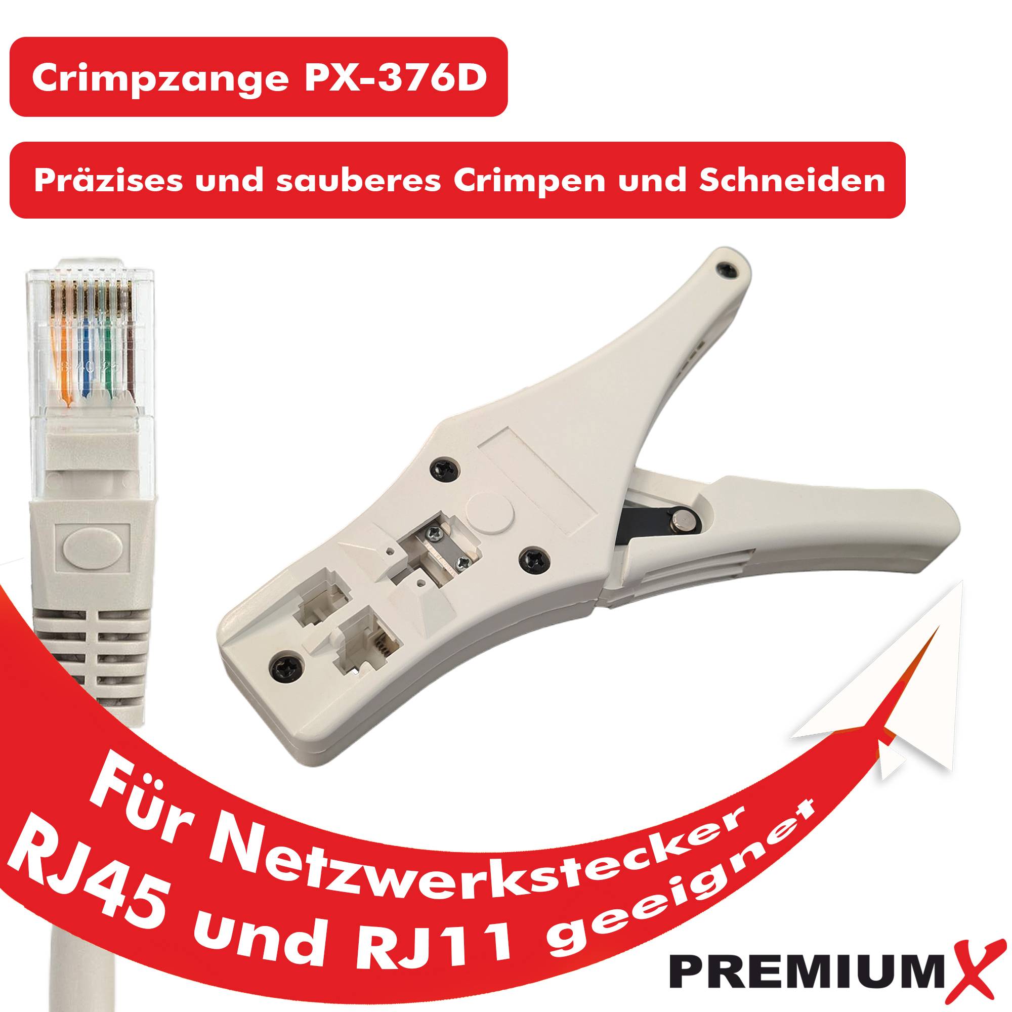 PremiumX Modular Crimpzange PX-376D für Netzwerkstecker RJ-45/8P8C RJ-11/6P4C LAN DSL Internet Zange Werkzeug Kabelschneider Kabelwerkzeug