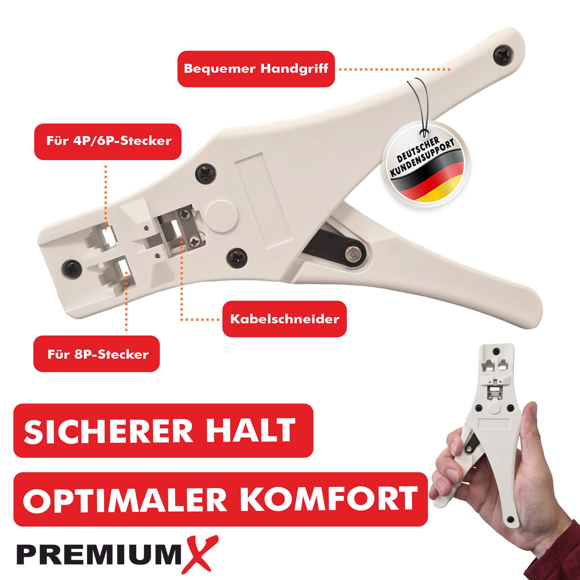 PremiumX Modular Crimpzange PX-376D für Netzwerkstecker RJ-45/8P8C RJ-11/6P4C LAN DSL Internet Zange Werkzeug Kabelschneider Kabelwerkzeug