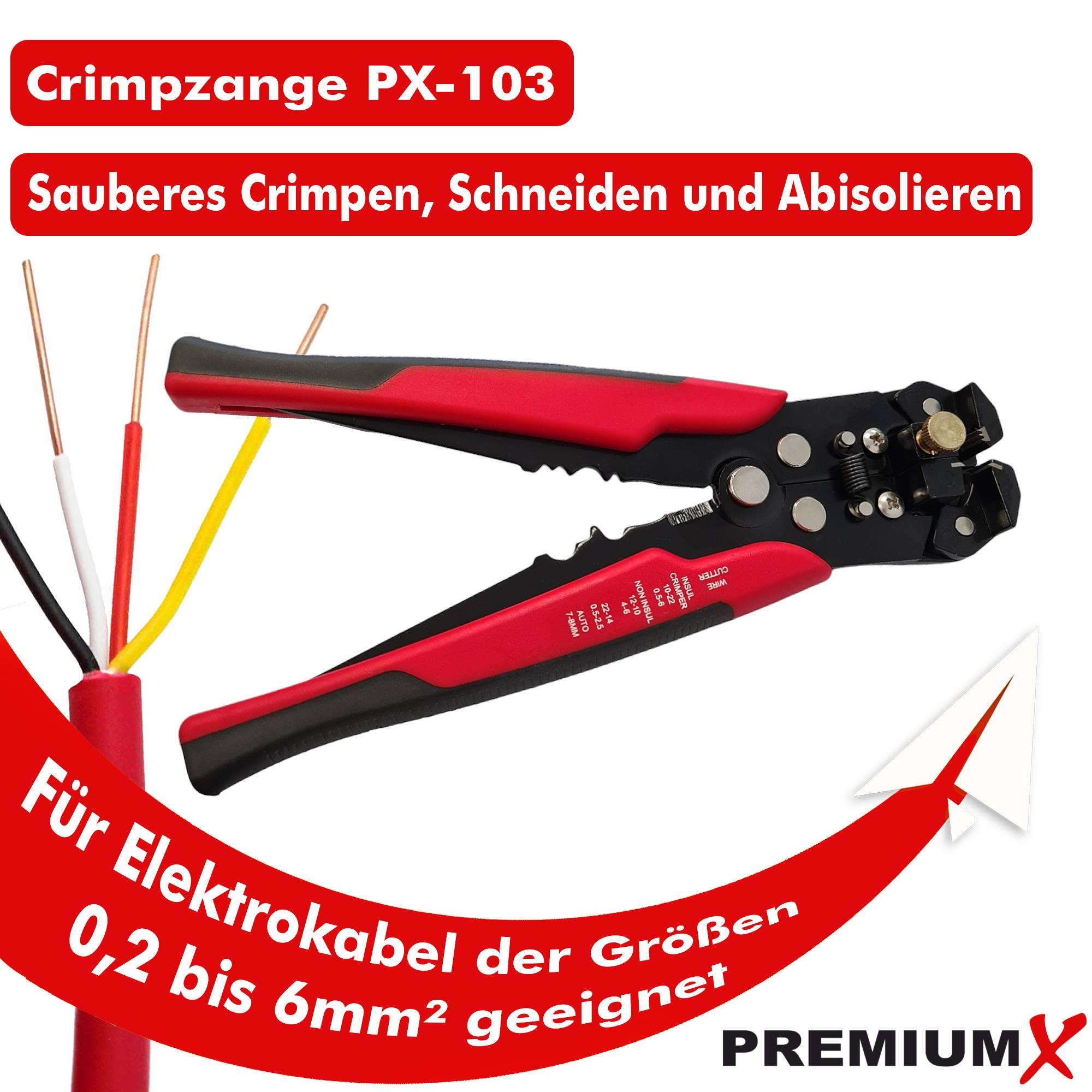 PremiumX PX-103 Crimpzange Kabelschuhzange Presszange Zange Abisolierwerkzeug inkl. Kabelschneider für Kabelschuhe Satelliten-Kabelsteckverbinder
