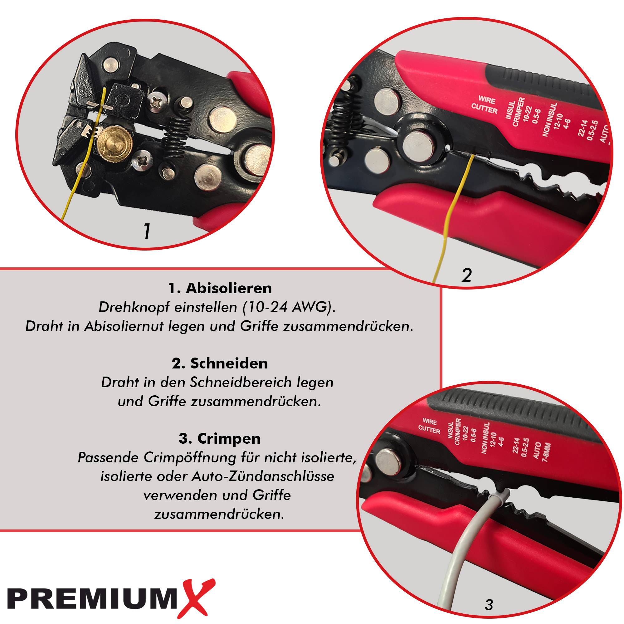 PremiumX PX-103 Crimpzange Kabelschuhzange Presszange Zange Abisolierwerkzeug inkl. Kabelschneider für Kabelschuhe Satelliten-Kabelsteckverbinder