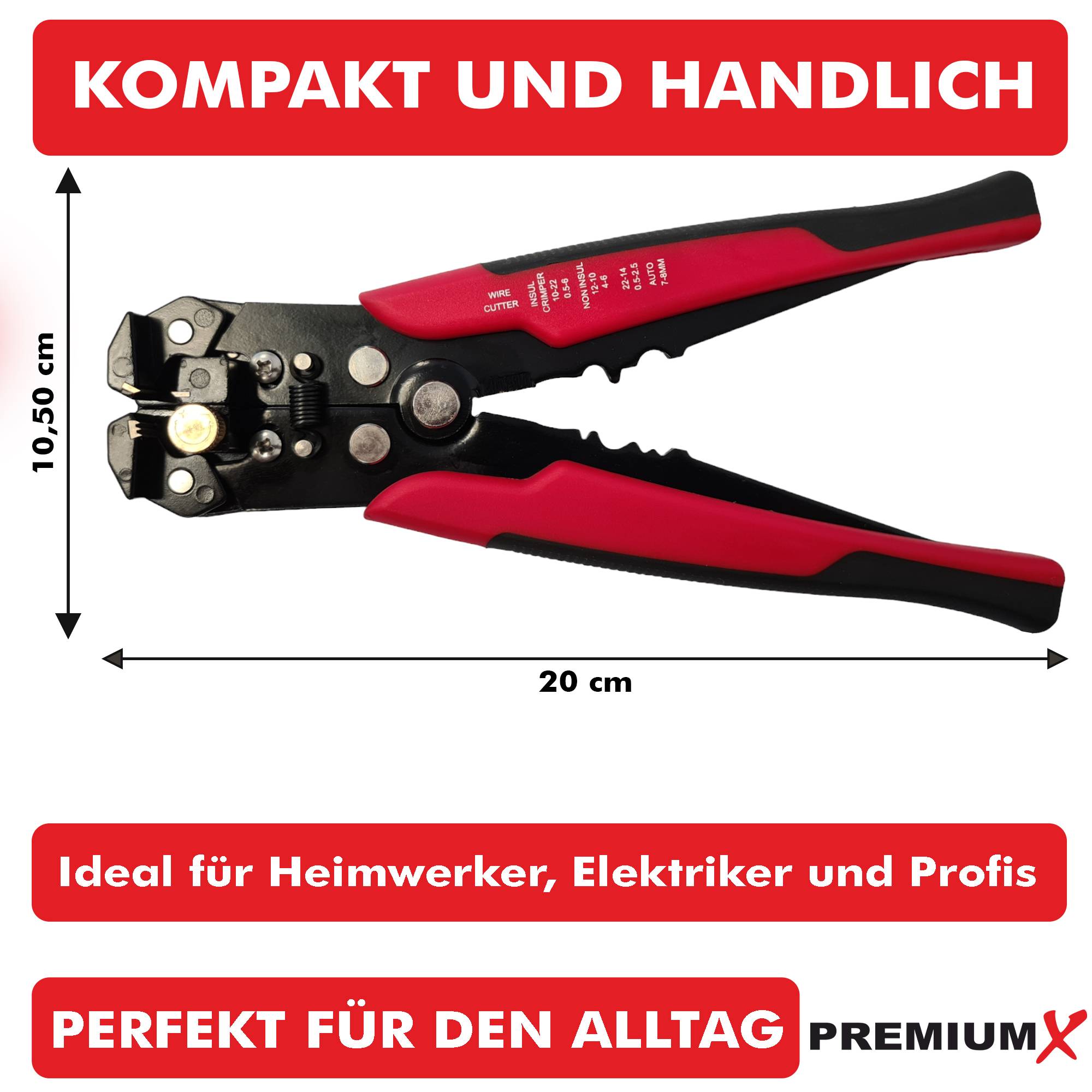 PremiumX PX-103 Crimpzange Kabelschuhzange Presszange Zange Abisolierwerkzeug inkl. Kabelschneider für Kabelschuhe Satelliten-Kabelsteckverbinder
