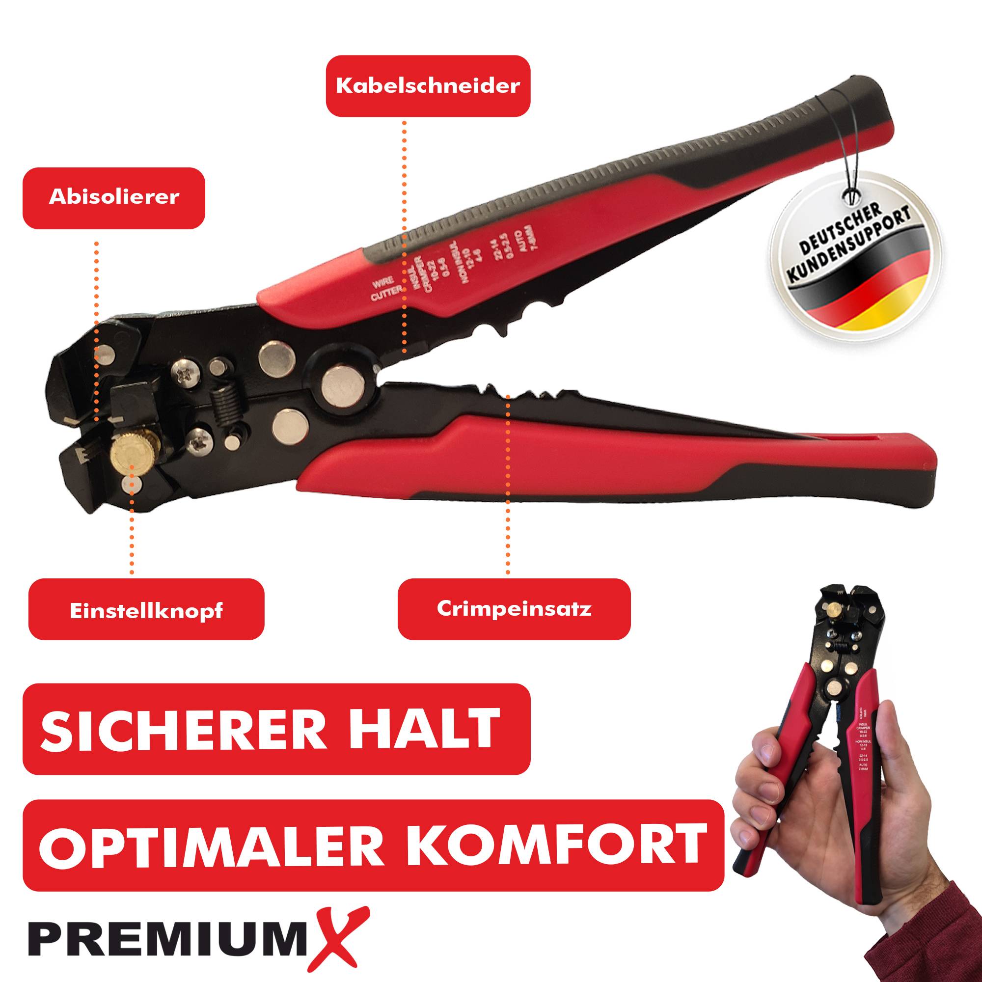 PremiumX PX-103 Crimpzange Kabelschuhzange Presszange Zange Abisolierwerkzeug inkl. Kabelschneider für Kabelschuhe Satelliten-Kabelsteckverbinder