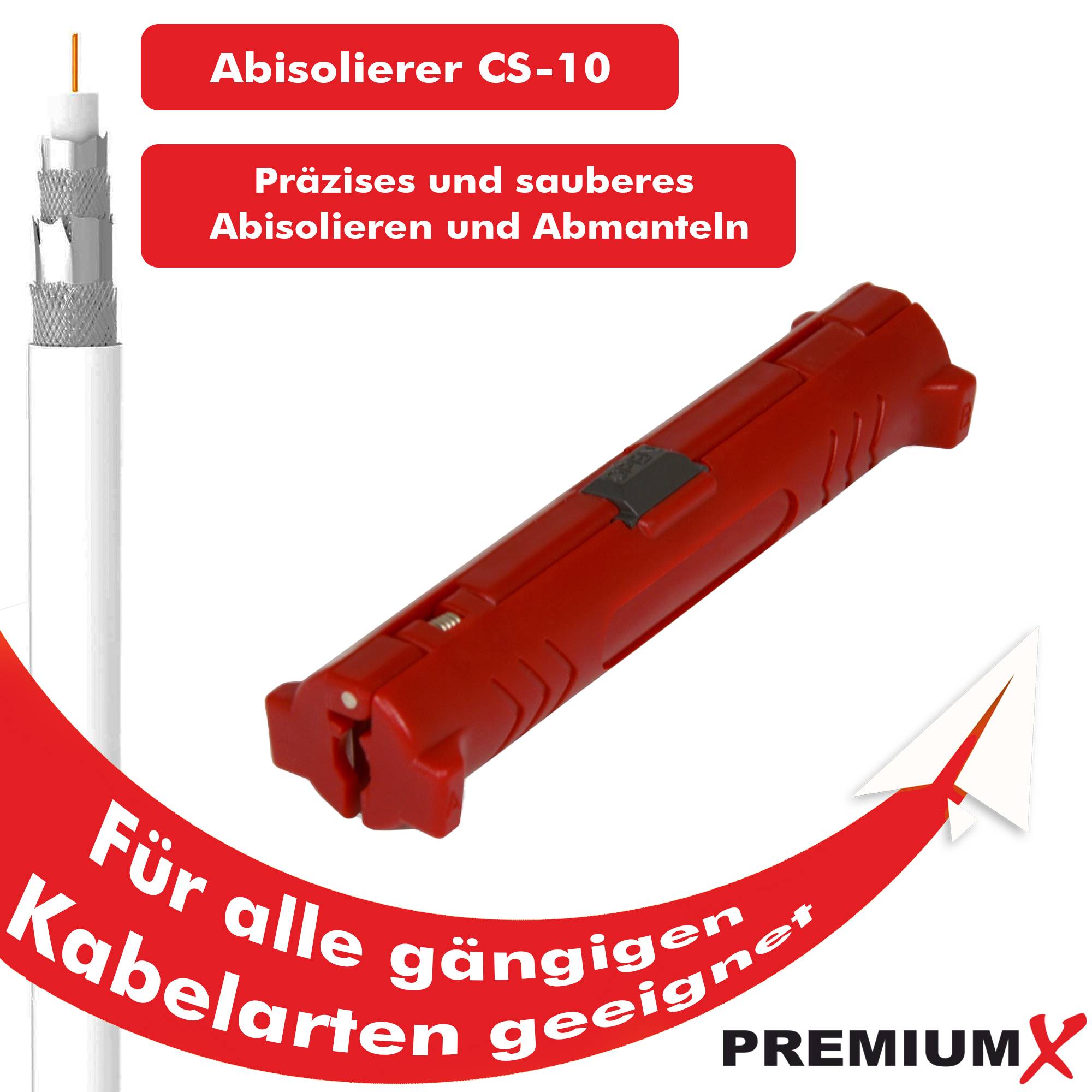 PremiumX Abisolierer XCon CS-10 Universal Kabel Abisolier-Werkzeug Netzwerkkabel Koaxialkabel Kabelwerkzeug SAT Entmanteler
