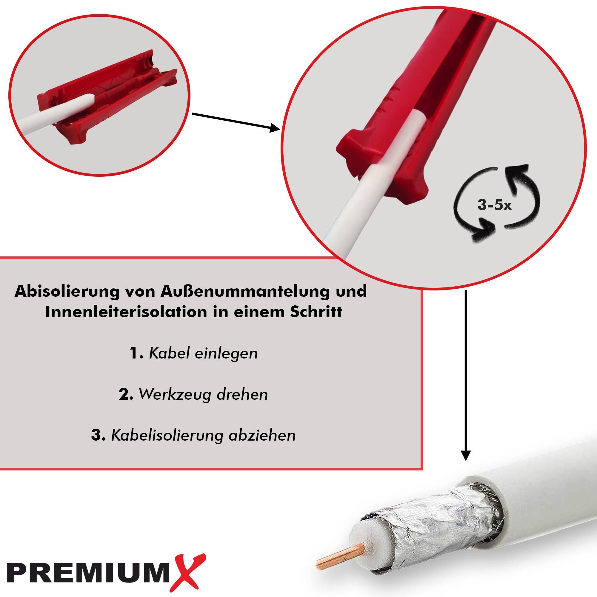 PremiumX Abisolierer XCon CS-10 Universal Kabel Abisolier-Werkzeug Netzwerkkabel Koaxialkabel Kabelwerkzeug SAT Entmanteler