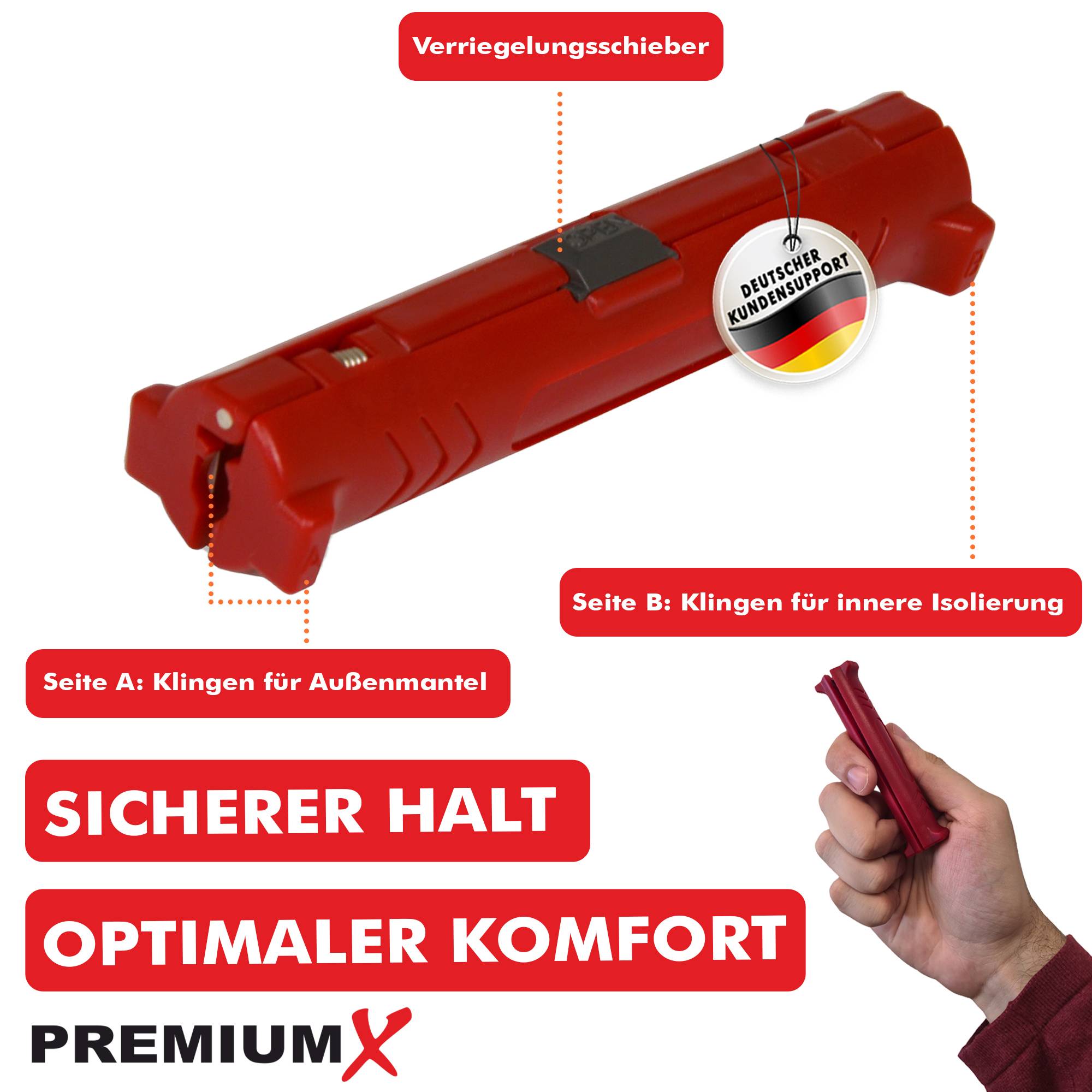 PremiumX Abisolierer XCon CS-10 Universal Kabel Abisolier-Werkzeug Netzwerkkabel Koaxialkabel Kabelwerkzeug SAT Entmanteler