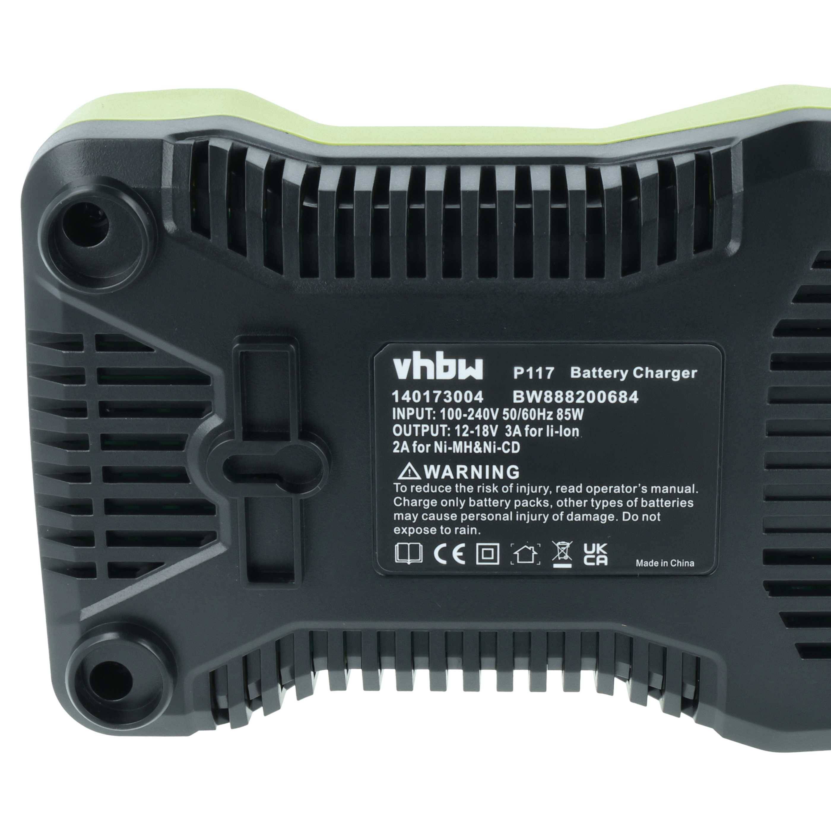 Ladegerät, Modell P117, mit folgenden Spezifikationen: Eingangsspannung 100-240V, Ausgangsspannung 12-18V. Enthält eine Warnung zur ausschließlichen Verwendung mit aufladbaren Lithium-Ionen-Akkus.