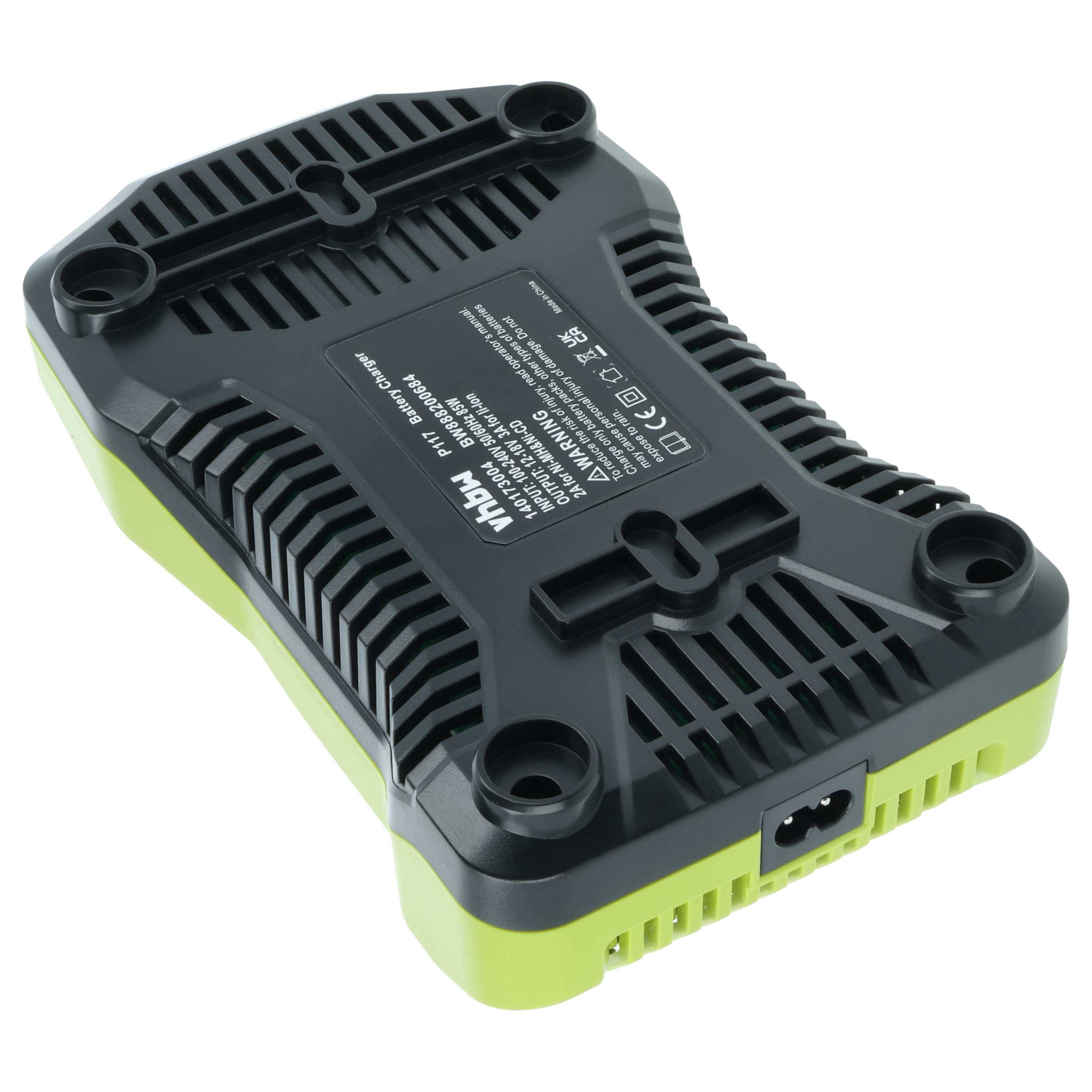 Ein schwarzer und grüner Batterieladegerät, der auf den Kopf gestellt ist und dadurch seine technischen Spezifikationen und Warnhinweise auf der Unterseite zeigt.