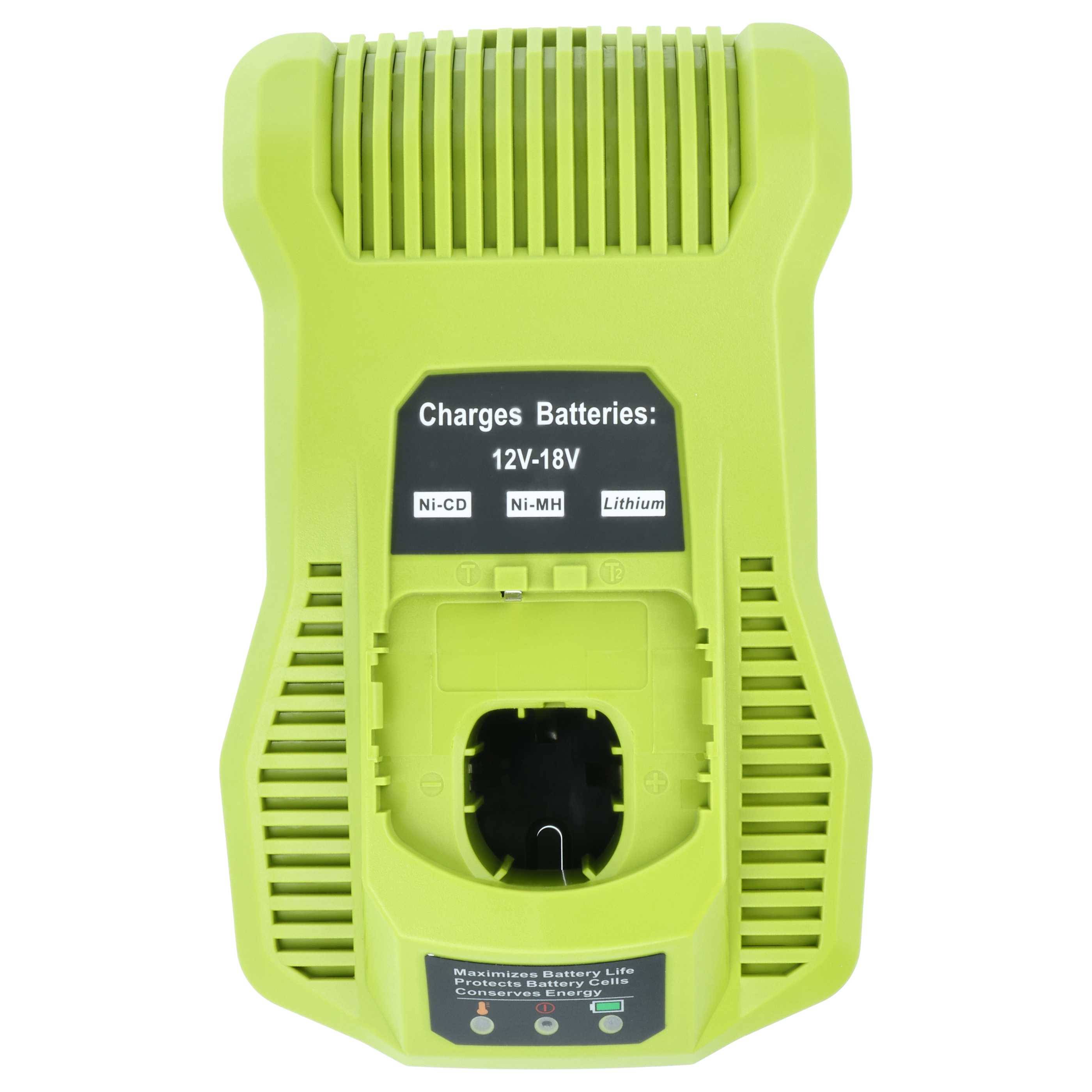 Ein grünes Ladegerät, kompatibel mit 12V-18V Ni-CD-, Ni-MH- und Lithium-Batterien. Es verfügt über Belüftungsöffnungen und einen Batterieschacht am Boden.