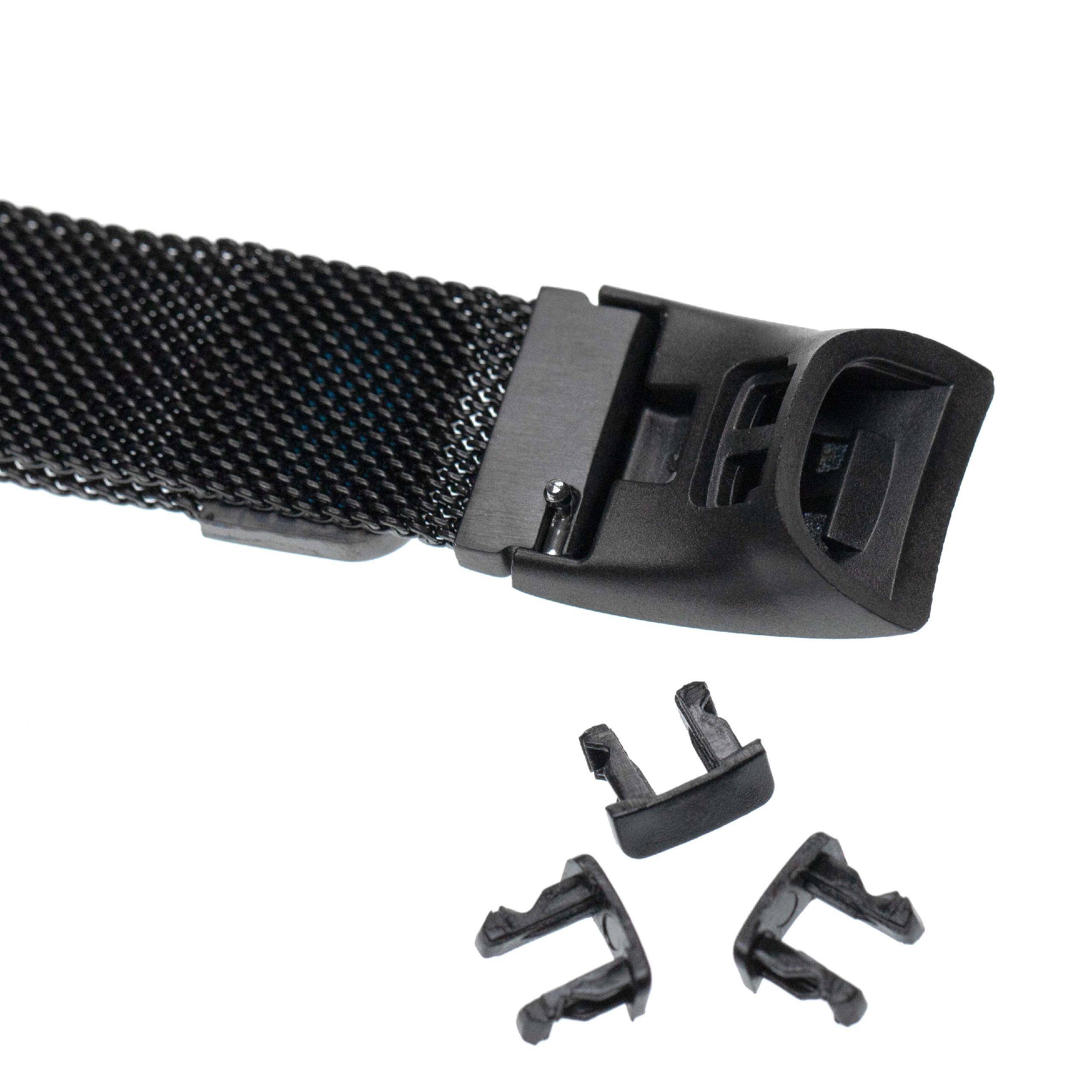 „Ein schwarzes Mesh-Uhrenarmband mit einer Schließe und zusätzlichen Verbindungselementen, gezeigt auf weißem Hintergrund.