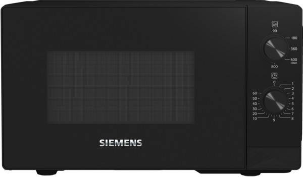 Schwarze Siemens-Mikrowelle für die Arbeitsplatte mit Frontglastür und Drehreglern auf der rechten Seite zur Steuerung von Leistung und Timer.