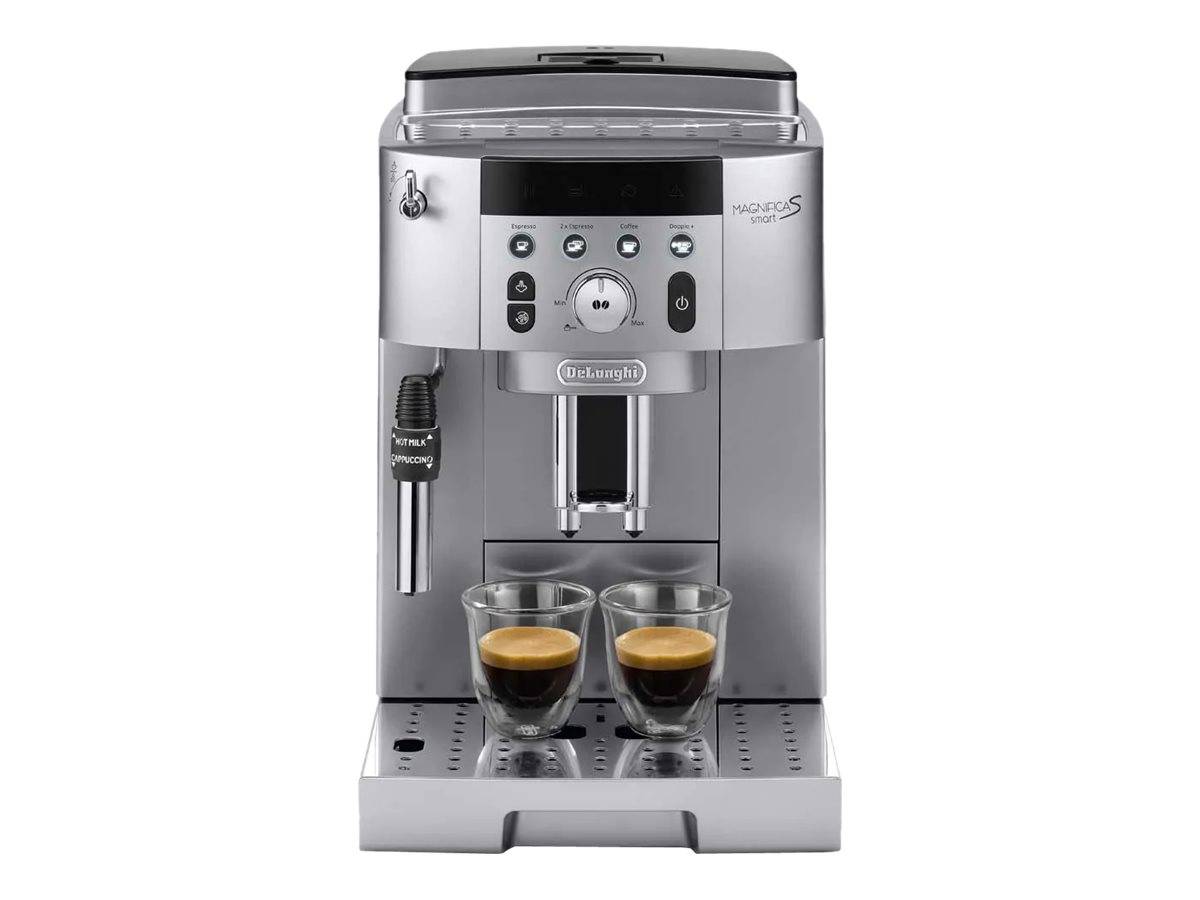Silberne De'Longhi Espressomaschine mit automatischer Funktion, zwei Tassen Kaffee auf dem Tropfblech und einem an der linken Seite angebrachten Milchaufschäumer