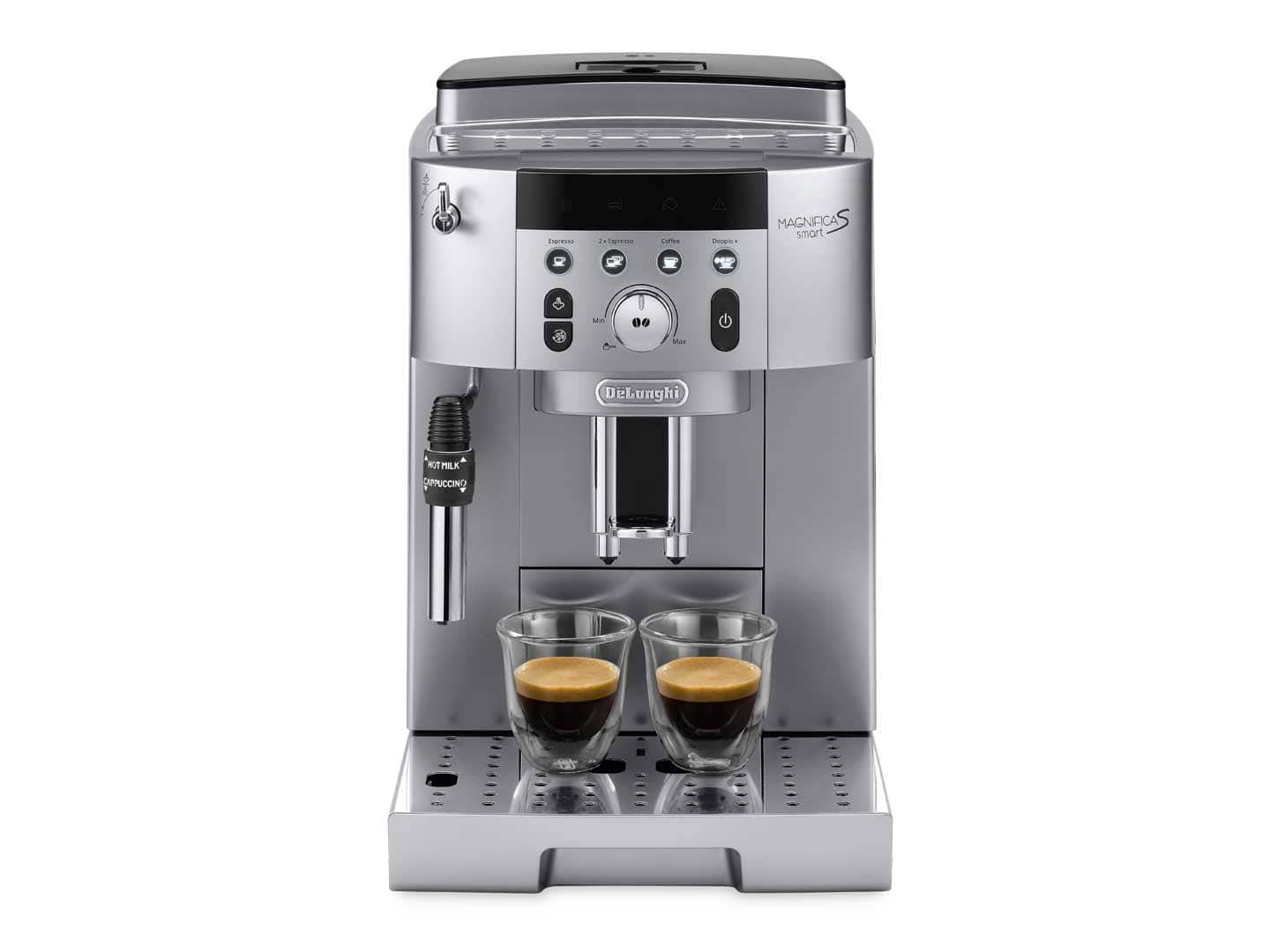 Edelstahl-Espressomaschine von De'Longhi, die zwei Tassen Kaffee in Gläser auf einem Tropfgitter abgibt.
