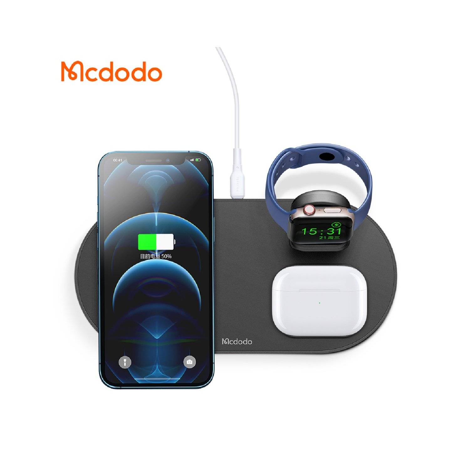 Mcdodo 3in1 Magnetisch Wireless Charger Ladestation kompatibel mit Smartphone, Watch, TWS-Kopfhörer, Schwarz