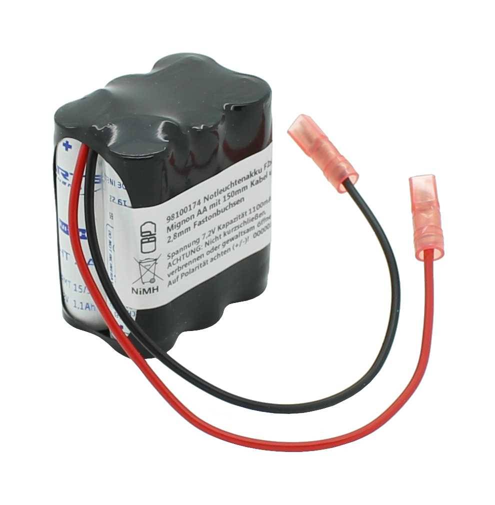 Notleuchtenakku NiMH 7,2V 1100mAh F2x3 Mignon AA mit 150mm Kabel und 2,8mm Fastonbuchsen