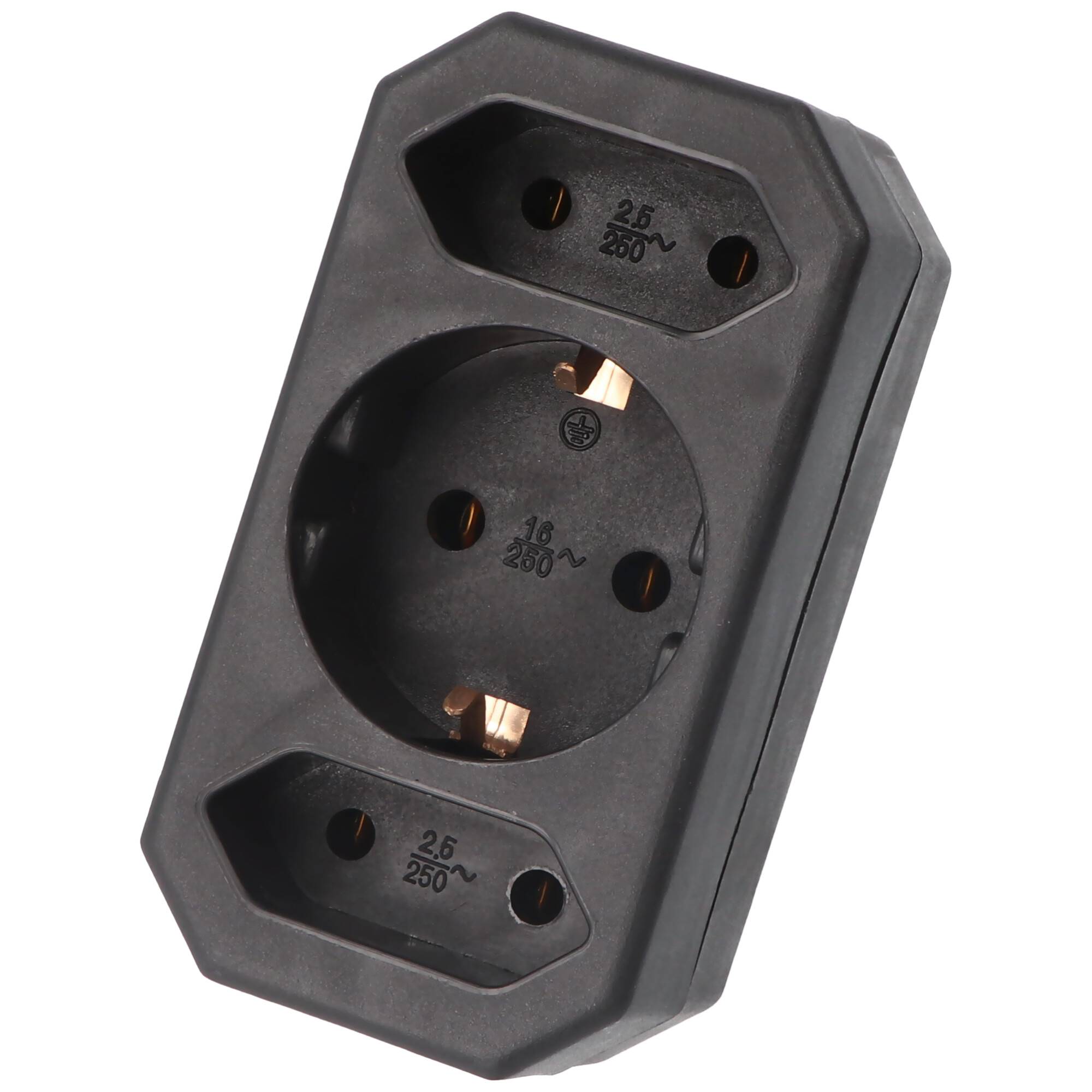 Multistecker 2x Euro und 1x Schutzkontakt schwarz vertikal